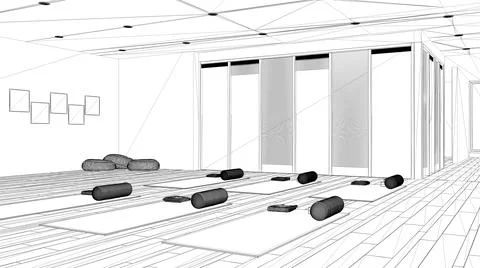 Blueprint project draft, empty yoga studio interior design, mats, pillows and Stock Illustration