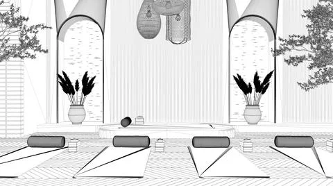 Blueprint project draft, empty yoga studio interior design, western japanese  Stock Illustration