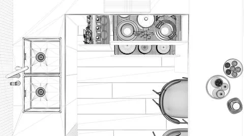 Blueprint project draft, kitchen close up with open drawers with accessories, Stock Illustration