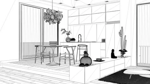 Blueprint project draft, kitchen with dining table, chairs and pendant lamp,  Illustrazione stock
