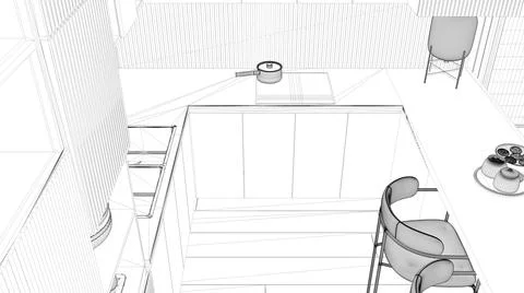 Blueprint project draft, kitchen in modern apartment, table, armchairs. Sink, Stock Illustration