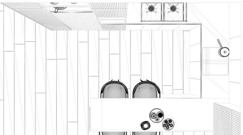 Blueprint project draft, kitchen in modern apartment, dining table, chairs. S 스톡 일러스트