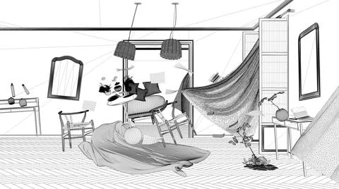 Blueprint project draft, living room, home chaos concept with chairs and tabl Stock-Illustration