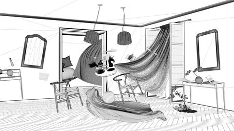 Blueprint project draft, living room, home chaos concept with chairs and tabl Stock-Illustration