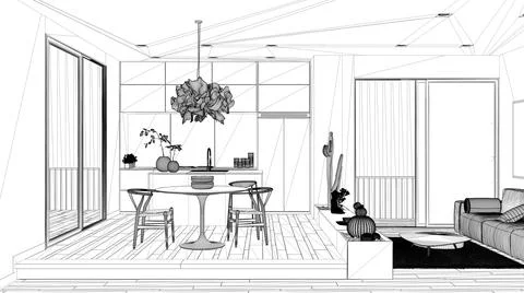 Blueprint project draft, living room with sofa, kitchen, dining table, succul 스톡 일러스트