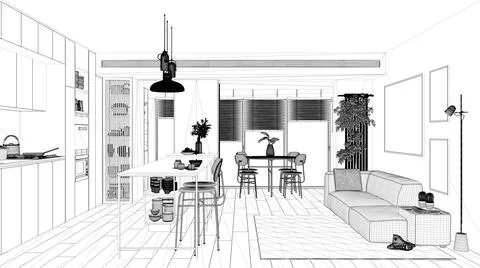 Blueprint project draft, living room, kitchen and dining room in dark and woo Stock Illustration