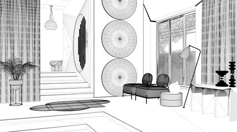 Blueprint project draft, metaphysical abstract object for flat living room in Stock Illustration