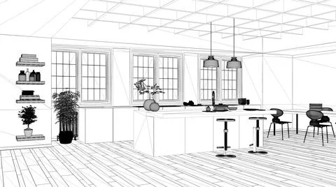 Blueprint project draft, minimal kitchen with island, stools and dining table 스톡 일러스트