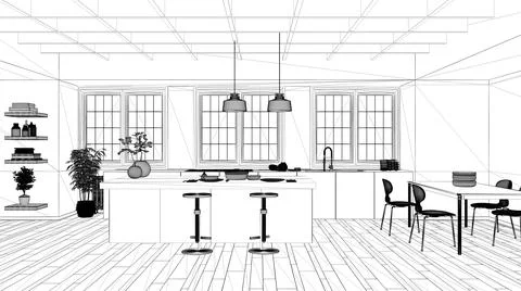 Blueprint project draft, minimal kitchen with island, stools and dining table Stock Illustration