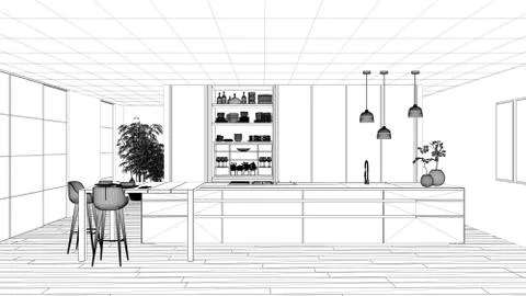 Blueprint project draft, minimalist kitchen, island, table, stools and open c Stock Illustration