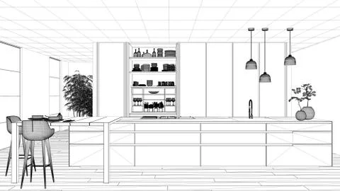 Blueprint project draft, minimalist kitchen, island, table, stools and open c Illustrazione stock