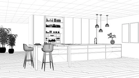 Blueprint project draft, minimalist kitchen, island, table, stools and open c Illustrazione stock