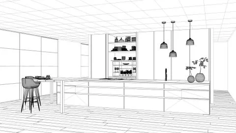 Blueprint project draft, minimalist kitchen, island, table, stools and open c Illustrazione stock