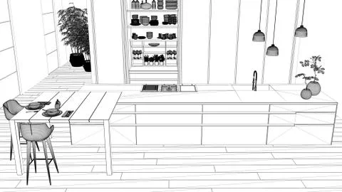 Blueprint project draft, minimalist kitchen, island, table, stools and open c Stock Illustration