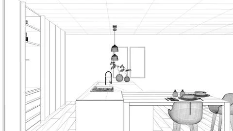 Blueprint project draft, minimalist kitchen, island, table, stools and open c Stock Illustration