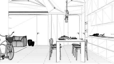 Blueprint project draft, minimalist kitchen with dining room, dining table wi 스톡 일러스트