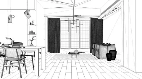 Blueprint project draft, minimalist kitchen with dining room, dining table wi Illustrazione stock