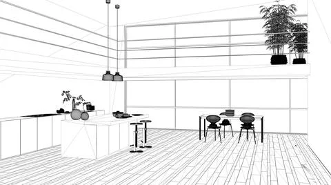 Blueprint project draft, minimalist kitchen with island, dining table with ch Illustrazione stock