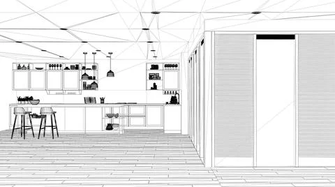 Blueprint project draft, minimalist open space in patio house, kitchen with i Illustrazione stock