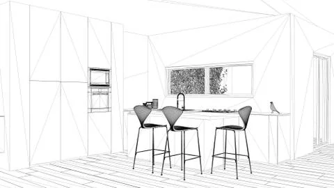 Blueprint project draft, minimalist white kitchen with dining table and parqu Stock Illustration