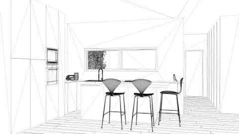 Blueprint project draft, minimalist white kitchen with dining table and parqu Stock Illustration