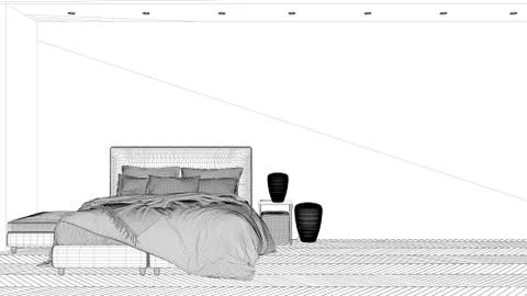 Blueprint project draft, minimalist white background with master bedroom in c 스톡 일러스트