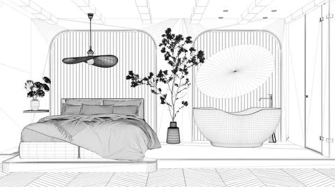 Blueprint project draft, modern bedroom with bathroom, open space with parque イラスト素材