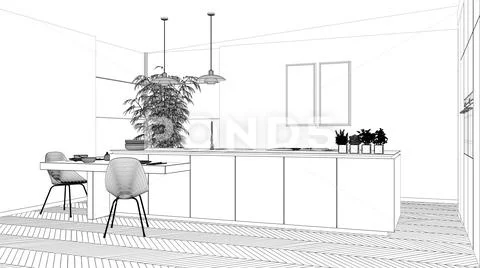 Blueprint project draft, modern clean contemporary kitchen, island and ...