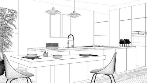 Blueprint project draft, modern clean contemporary kitchen, island and wooden Stock Illustration