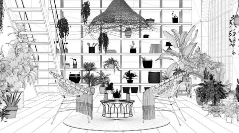 Blueprint project draft, modern conservatory, winter garden interior design,  Stock Illustration