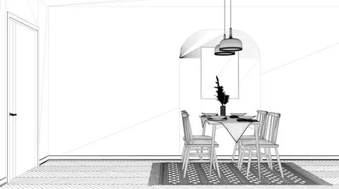 Blueprint project draft, modern dining room with table set and vintage scandi Stock Illustration