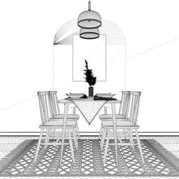 Blueprint project draft, modern dining room with table set and vintage scandi Illustrazione stock
