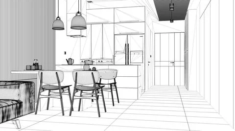 Blueprint project draft, modern living room with sofa, dining table with chai Illustrazione stock