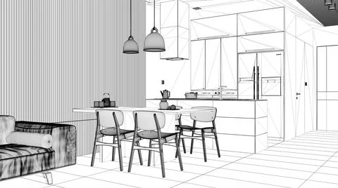 Blueprint project draft, modern living room with sofa, dining table with chai Illustrazione stock