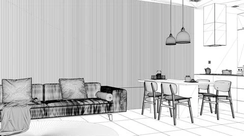 Blueprint project draft, modern living room with sofa, dining table with chai Illustrazione stock