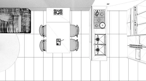 Blueprint project draft, modern living room with sofa, dining table with chai Stock Illustration