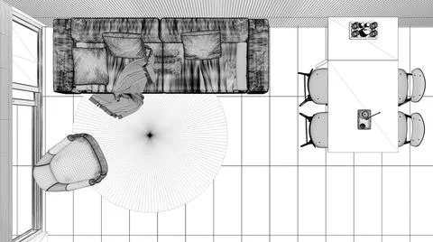 Blueprint project draft, modern living room with sofa, dining table with chai Illustrazione stock