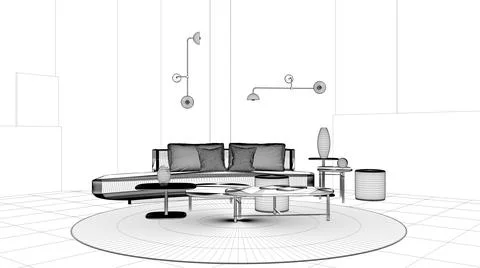 Blueprint project draft, modern living room, lounge with sofa, coffee table a Stock Illustration