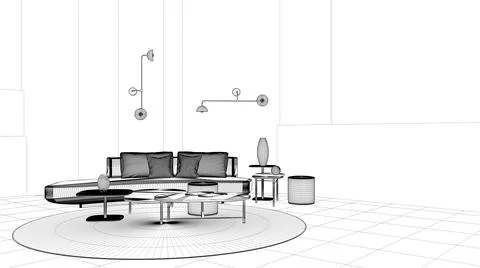 Blueprint project draft, modern living room, lounge with sofa, coffee table a Stock Illustration