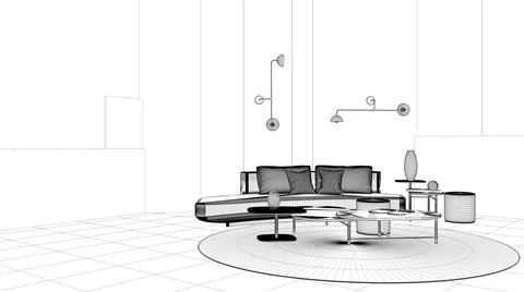 Blueprint project draft, modern living room, lounge with sofa, coffee table a Illustrazione stock