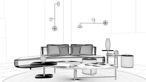 Blueprint project draft, modern living room, lounge with sofa, coffee table a Illustrazione stock
