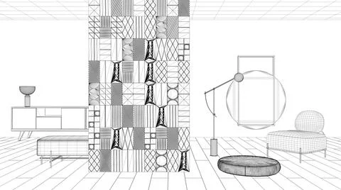 Blueprint project draft, modern minimalist abstract living room with decorate Stock Illustration