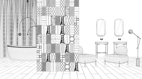 Blueprint project draft, modern minimalist abstract bathroom with decorated w Stock Illustration