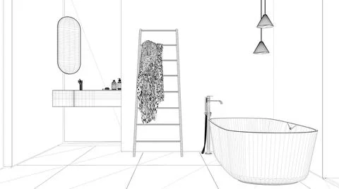 Blueprint project draft, modern minimalist bathroom, freestanding bathtub, wa Stock Illustration