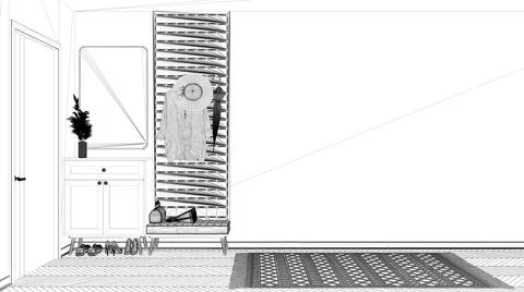 Blueprint project draft, modern scandinavian lobby, minimalist hall , empty s Stock Illustration