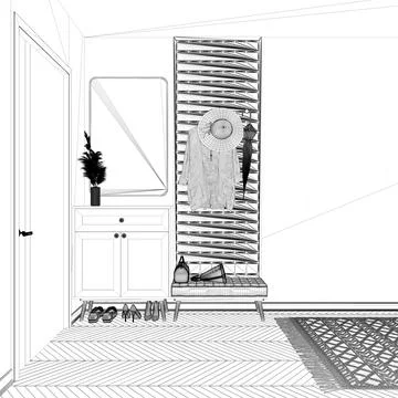 Blueprint project draft, modern scandinavian lobby, minimalist hall , empty s Stock Illustration