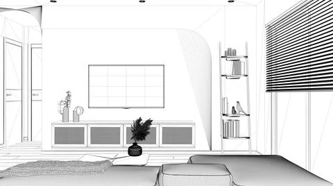 Blueprint project draft, modern wooden living room, velvet sofa with side tab Stock Illustration