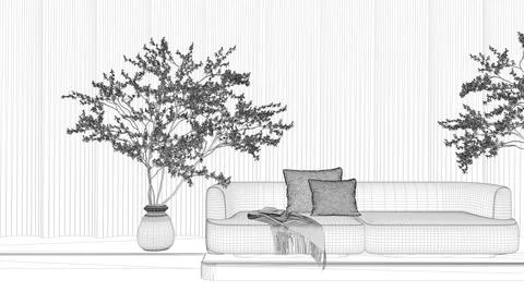 Blueprint project draft, molded plaster wall in modern luxury living room wit Stock Illustration