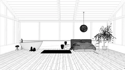 Blueprint project draft, panoramic luxury bedroom with windows, double bed wi Stock Illustration