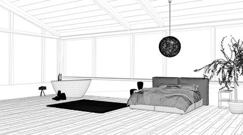 Blueprint project draft, panoramic luxury bedroom with windows, double bed wi Stock Illustration